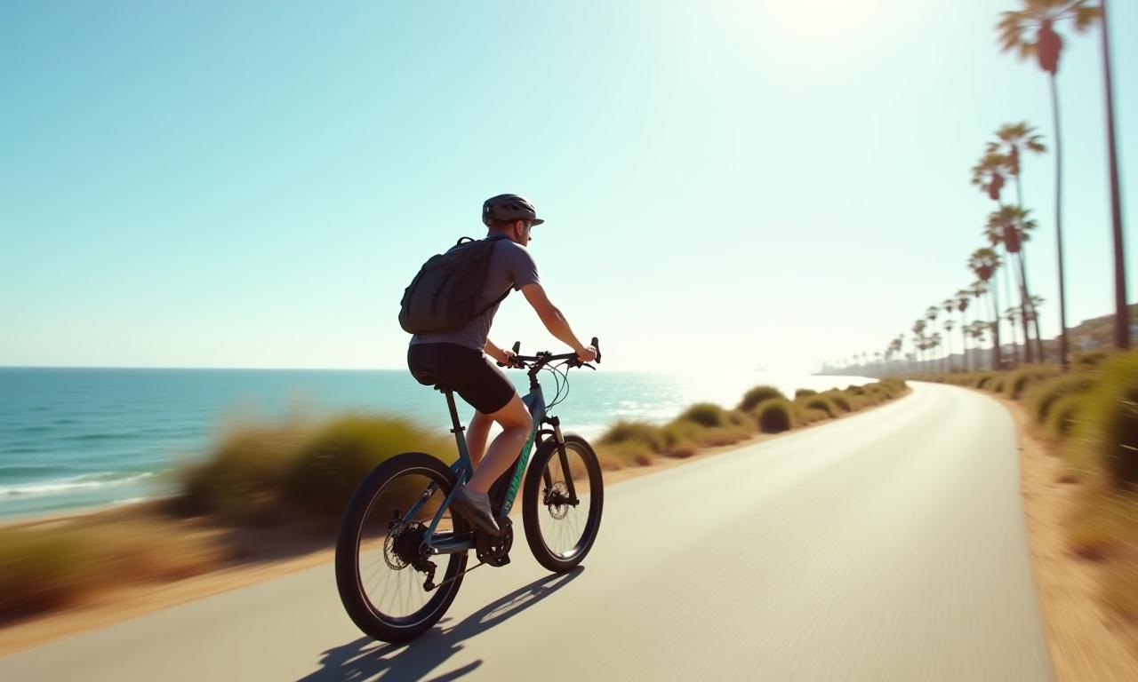 A Pelagic Cycles electric bike rider enjoying a scenic coastal path in San Diego
